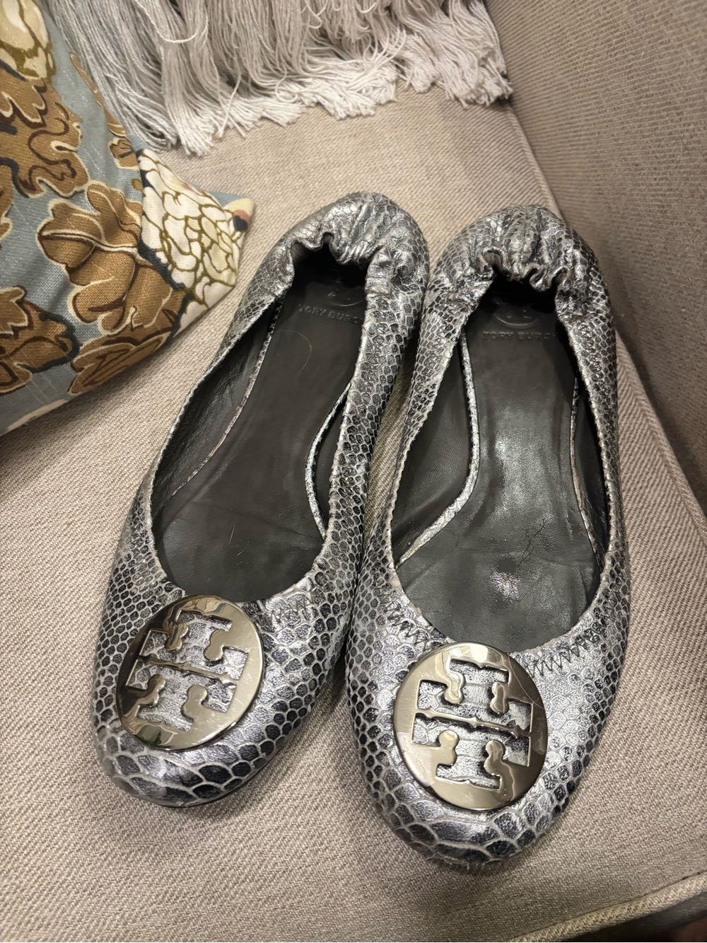 Tory Burch Silver Snake-Print Logo Ballet Flats